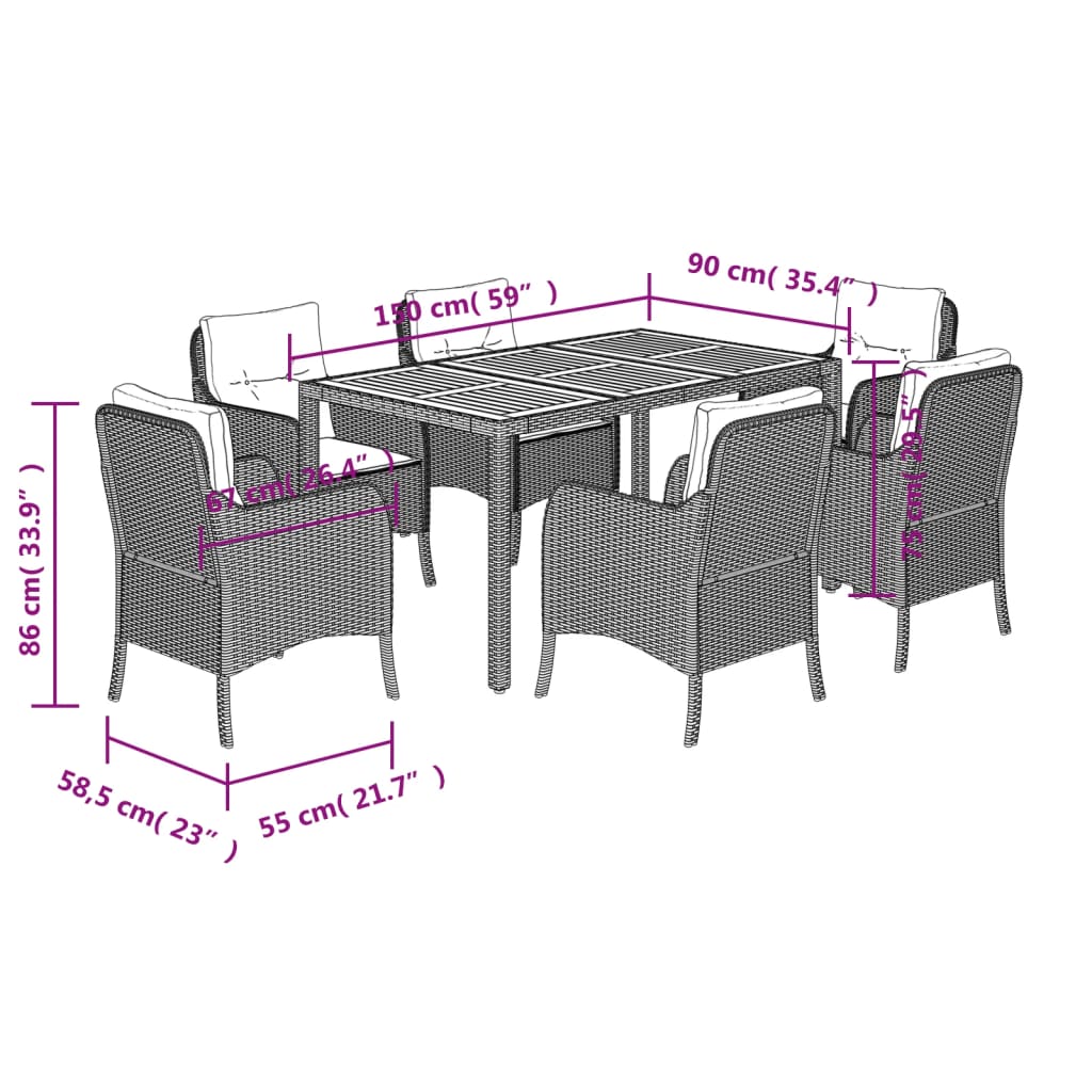 7 pcs conjunto de jantar p/ jardim c/ almofadões vime PE preto