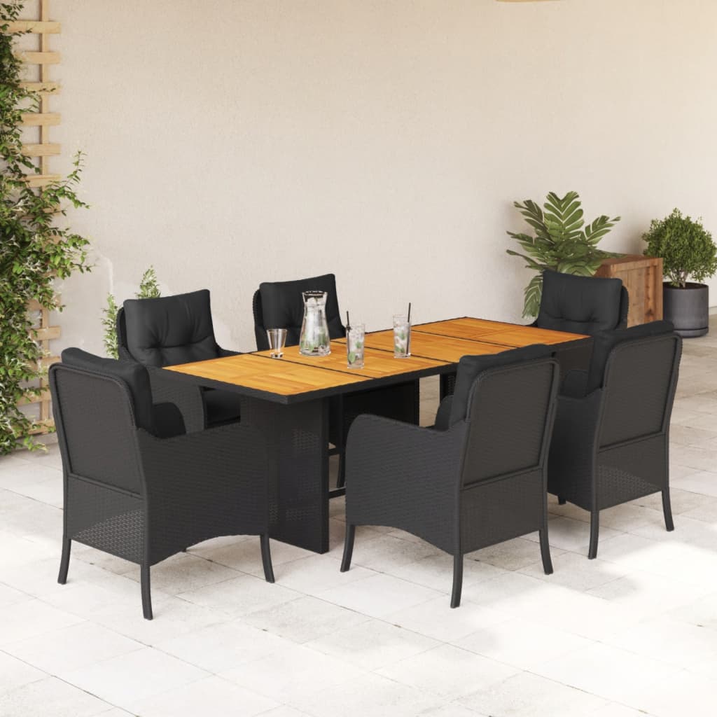 7 pcs conjunto de jantar p/ jardim c/ almofadões vime PE preto