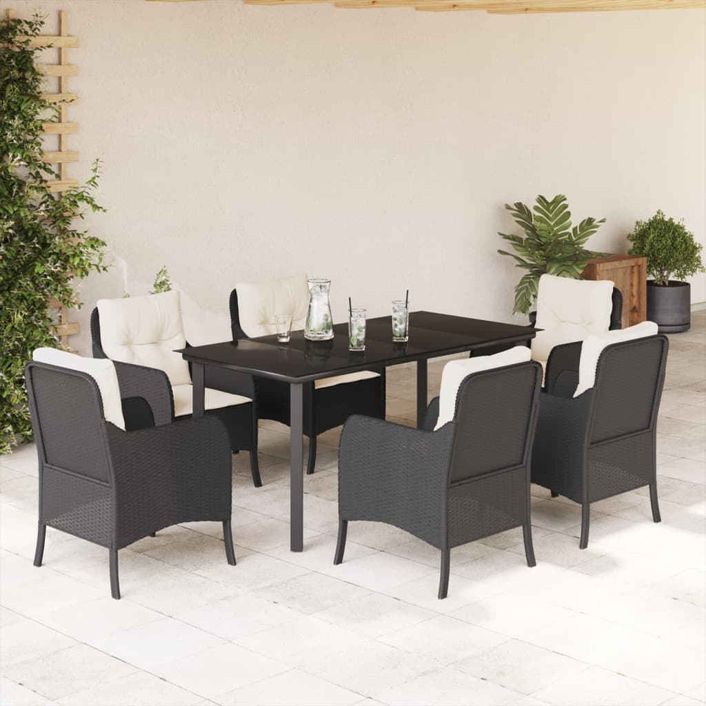 7 pcs conjunto de jantar p/ jardim c/ almofadões vime PE preto