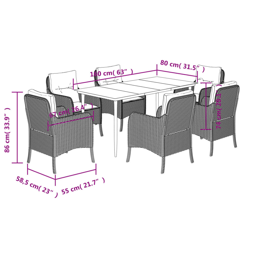 7 pcs conjunto de jantar p/ jardim com almofadões vime PE bege