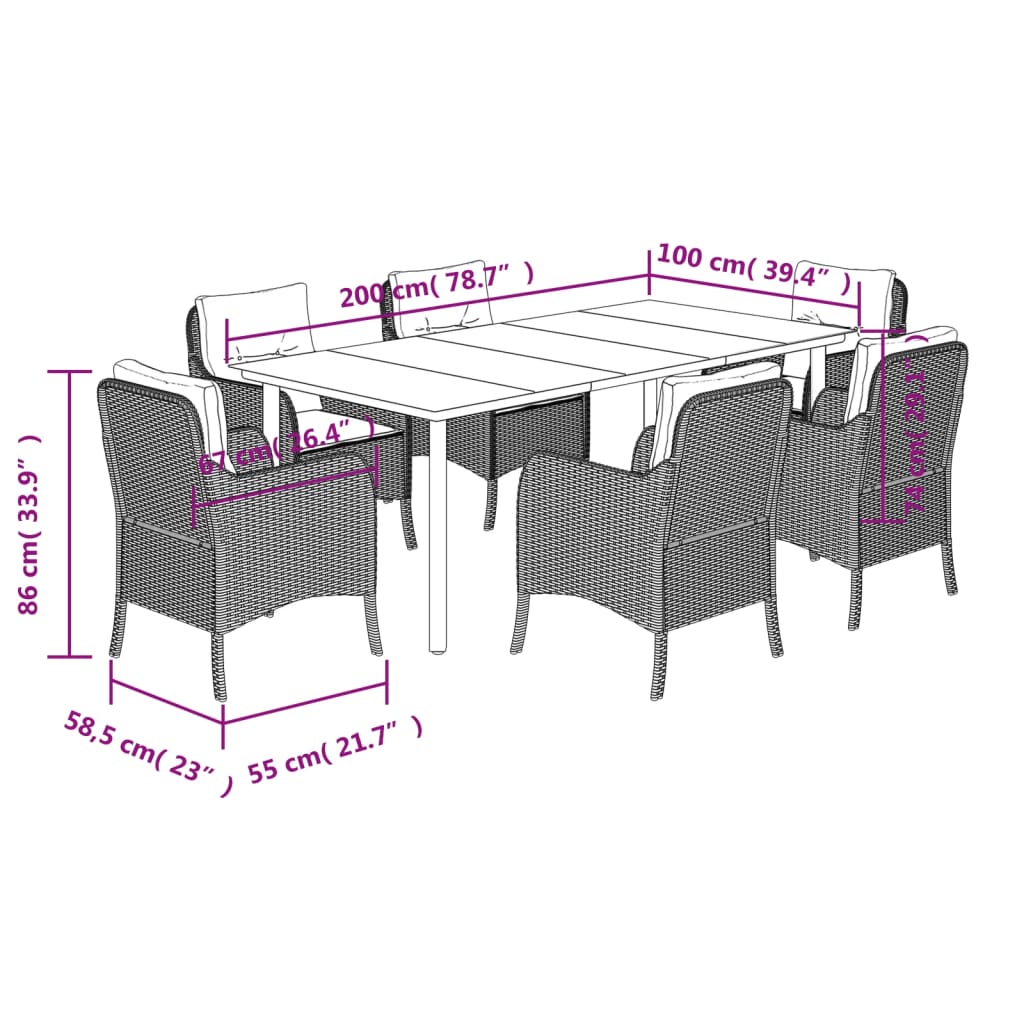 7 pcs conjunto de jantar p/ jardim com almofadões vime PE bege