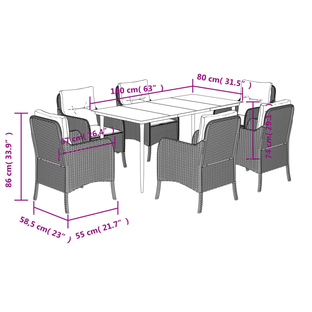 7 pcs conjunto de jantar p/ jardim com almofadões vime PE bege
