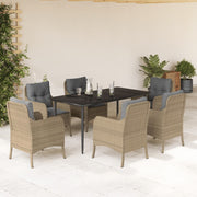 7 pcs conjunto de jantar p/ jardim com almofadões vime PE bege