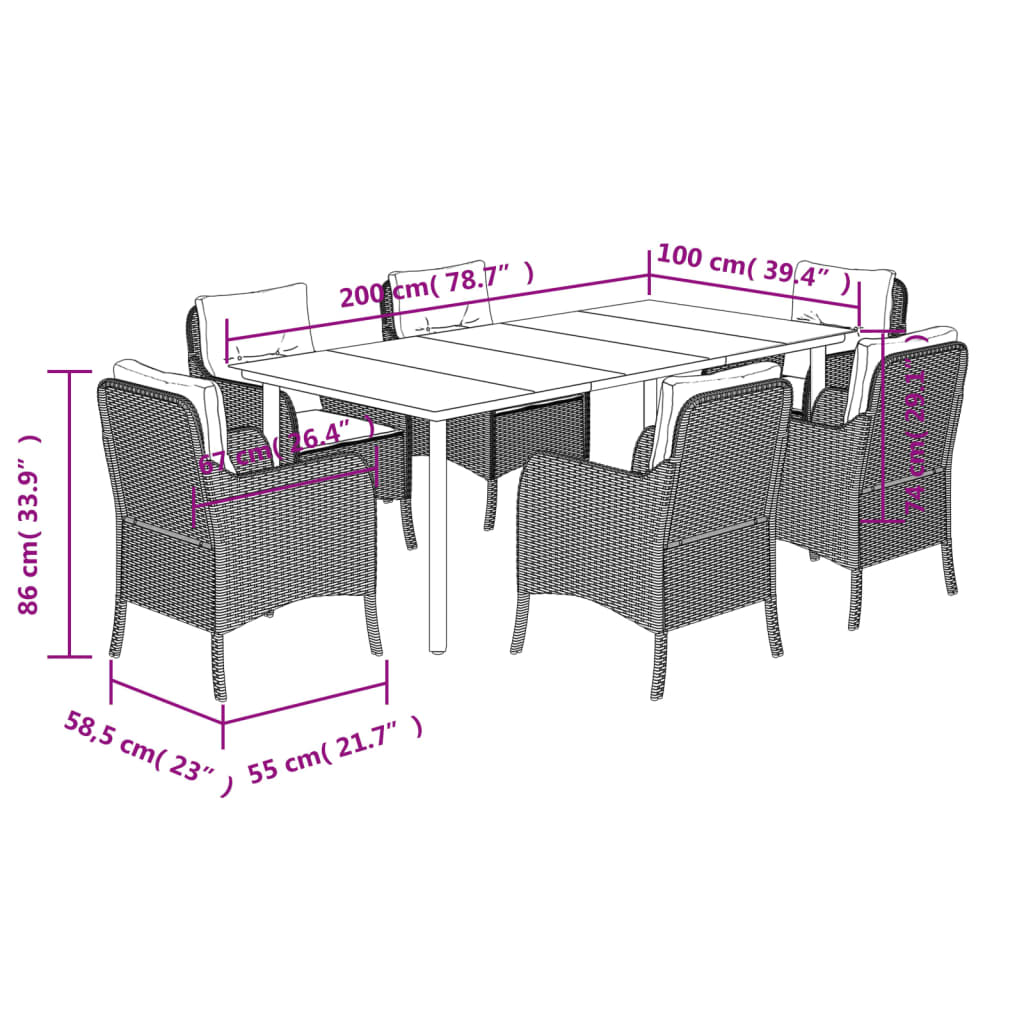 7 pcs conjunto de jantar p/ jardim com almofadões vime PE bege
