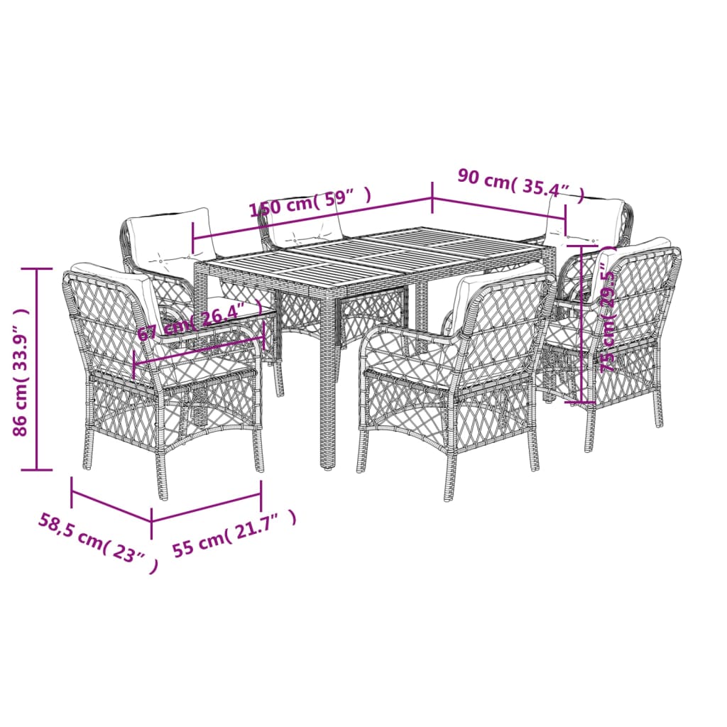 7 pcs conjunto de jantar p/ jardim c/ almofadões vime PE preto