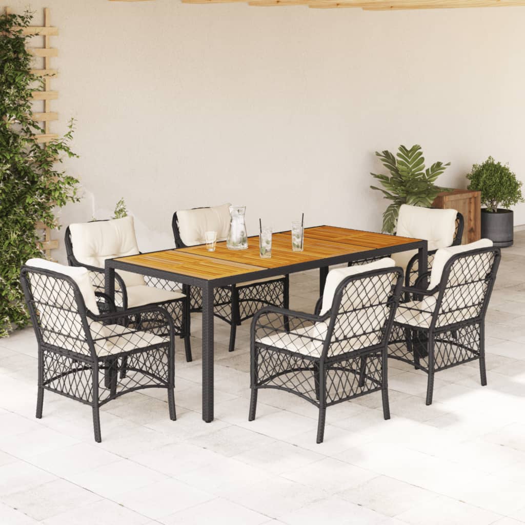 7 pcs conjunto de jantar p/ jardim c/ almofadões vime PE preto