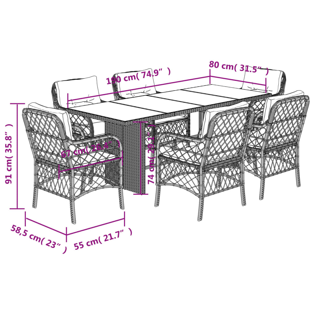 7 pcs conjunto de jantar p/ jardim c/ almofadões vime PE preto