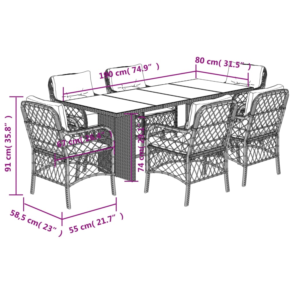 7 pcs conjunto de jantar p/ jardim com almofadões vime PE bege