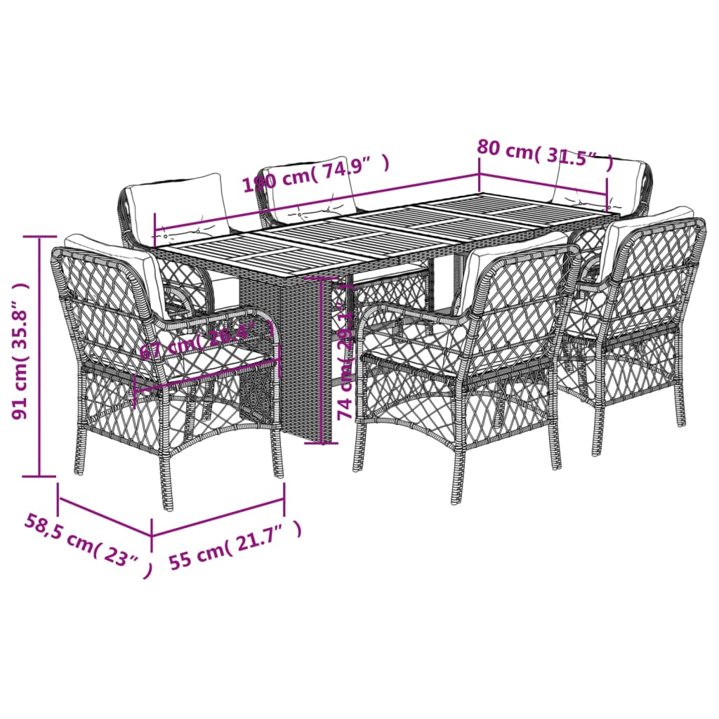7 pcs conjunto de jantar p/ jardim c/ almofadões vime PE preto