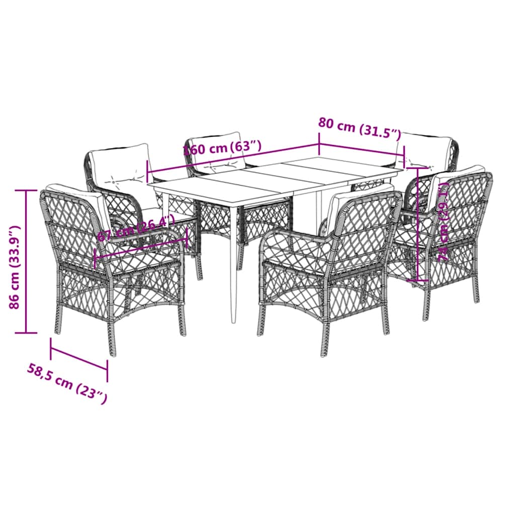 7 pcs conjunto de jantar p/ jardim c/ almofadões vime PE preto