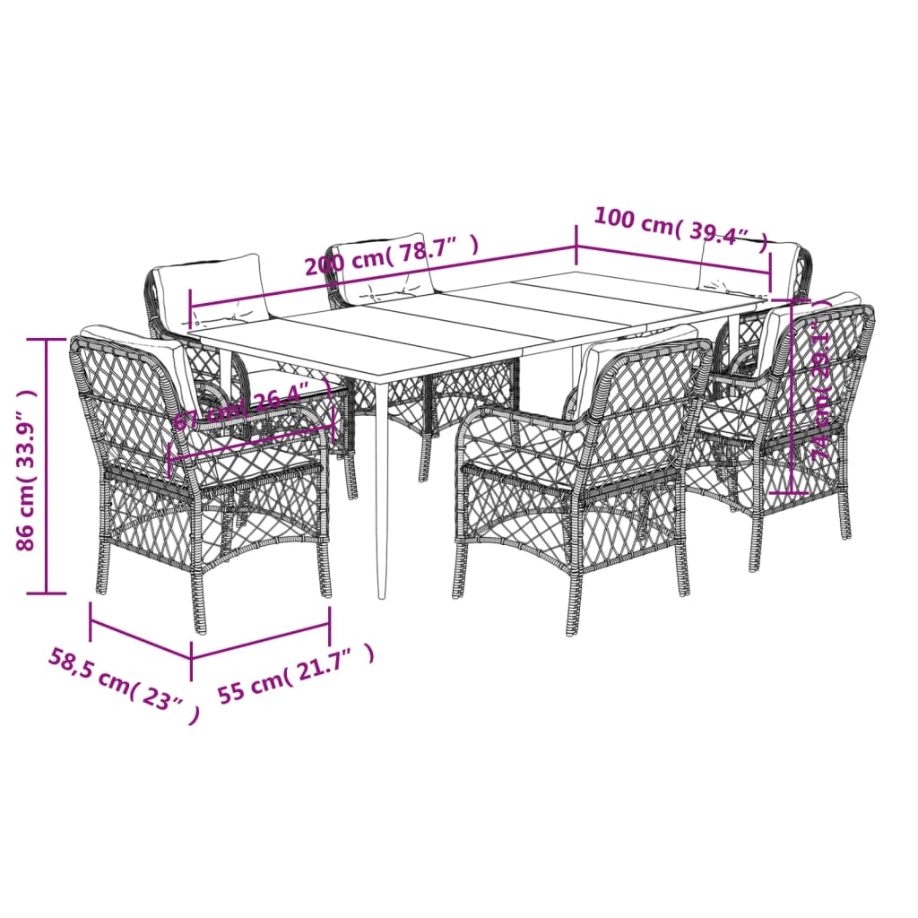 7 pcs conjunto de jantar p/ jardim c/ almofadões vime PE preto