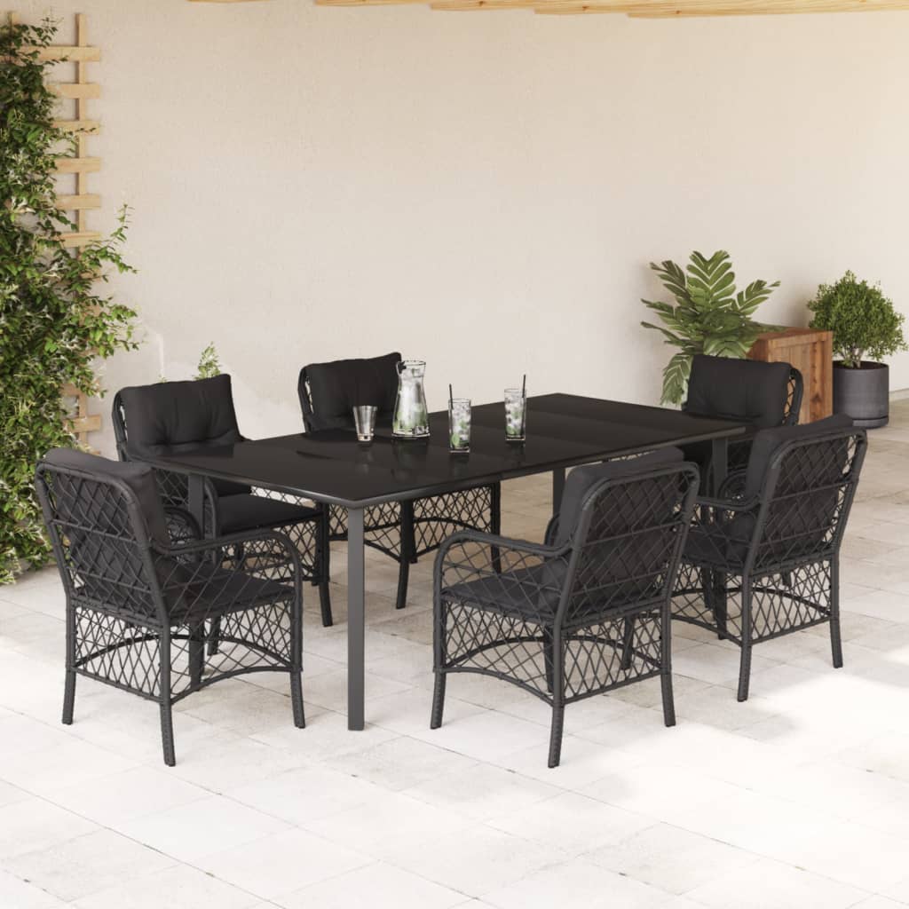 7 pcs conjunto de jantar p/ jardim c/ almofadões vime PE preto