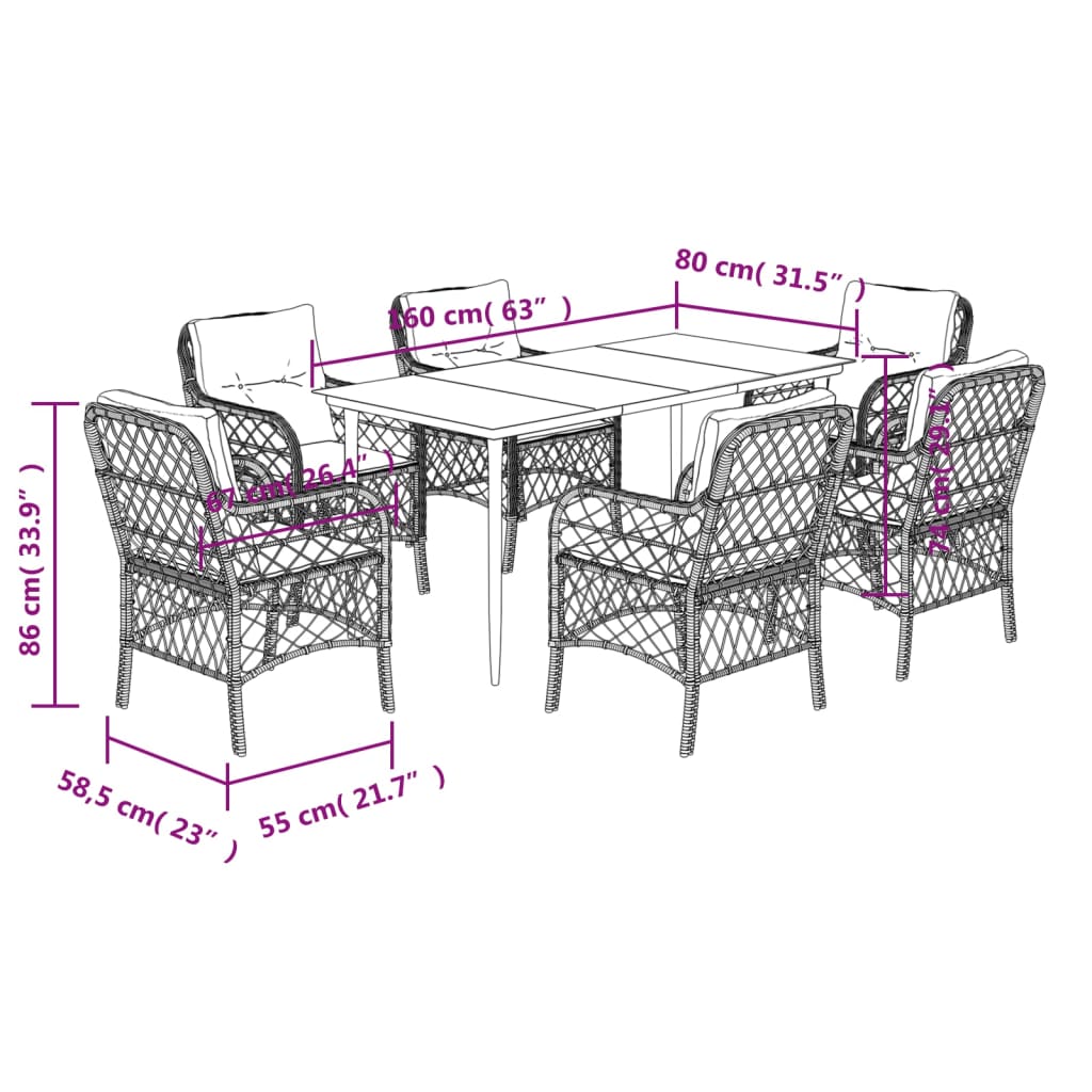 7 pcs conjunto de jantar p/ jardim com almofadões vime PE bege
