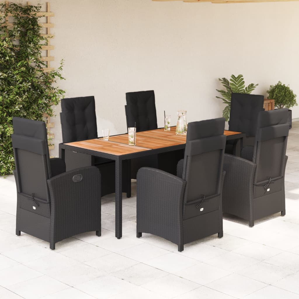 7 pcs conjunto de jantar p/ jardim c/ almofadões vime PE preto