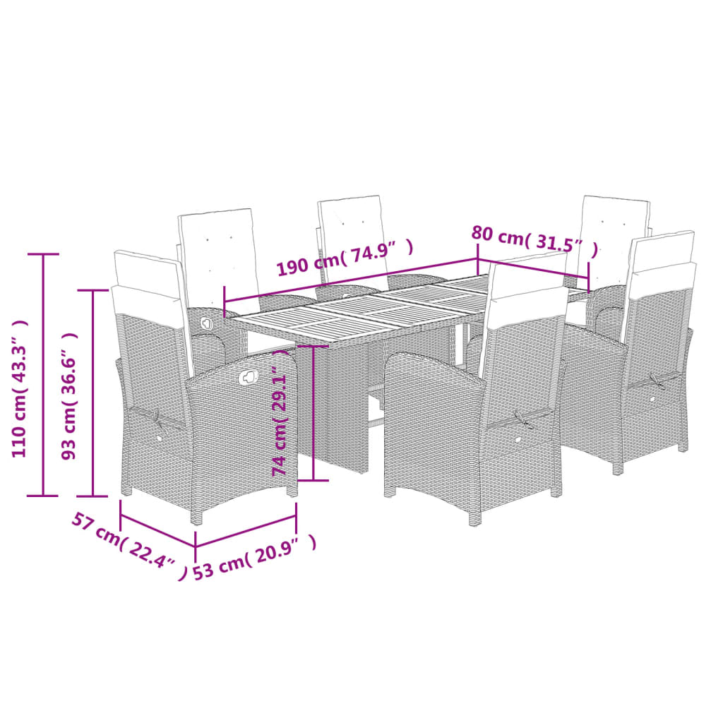 7 pcs conjunto de jantar p/ jardim com almofadões vime PE bege
