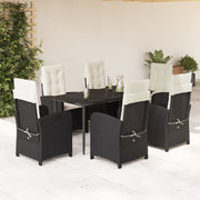 7 pcs conjunto de jantar p/ jardim c/ almofadões vime PE preto