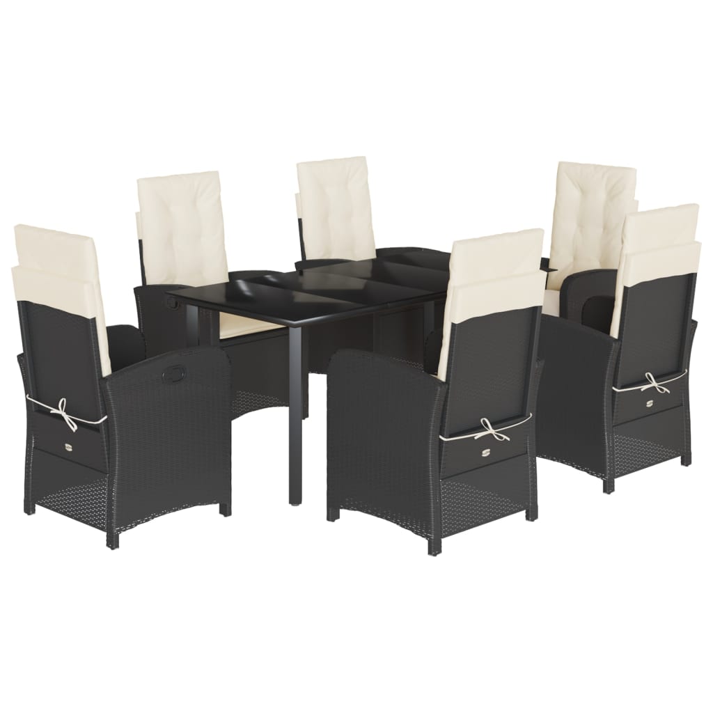 7 pcs conjunto de jantar p/ jardim c/ almofadões vime PE preto