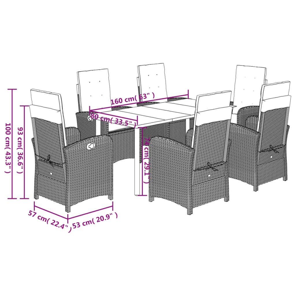7 pcs conjunto de jantar p/ jardim c/ almofadões vime PE preto