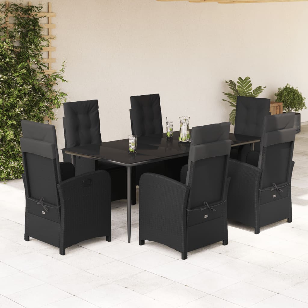 7 pcs conjunto de jantar p/ jardim c/ almofadões vime PE preto
