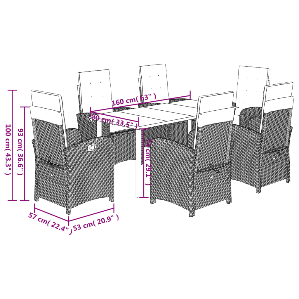 7 pcs conjunto de jantar p/ jardim com almofadões vime PE bege
