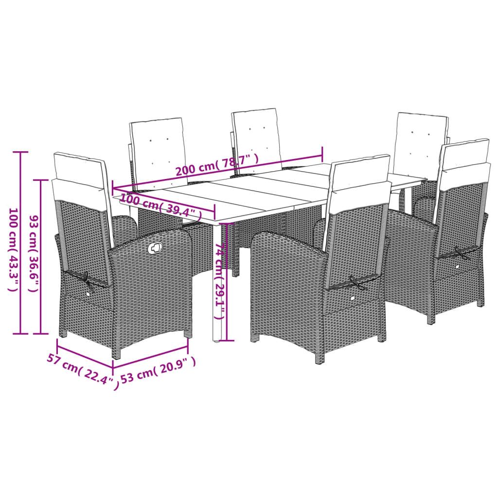 7 pcs conjunto de jantar p/ jardim com almofadões vime PE bege