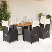 7 pcs conjunto de jantar p/ jardim c/ almofadões vime PE preto