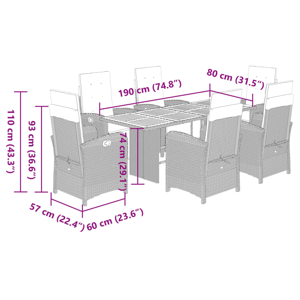 7 pcs conjunto de jantar p/ jardim c/ almofadões vime PE preto