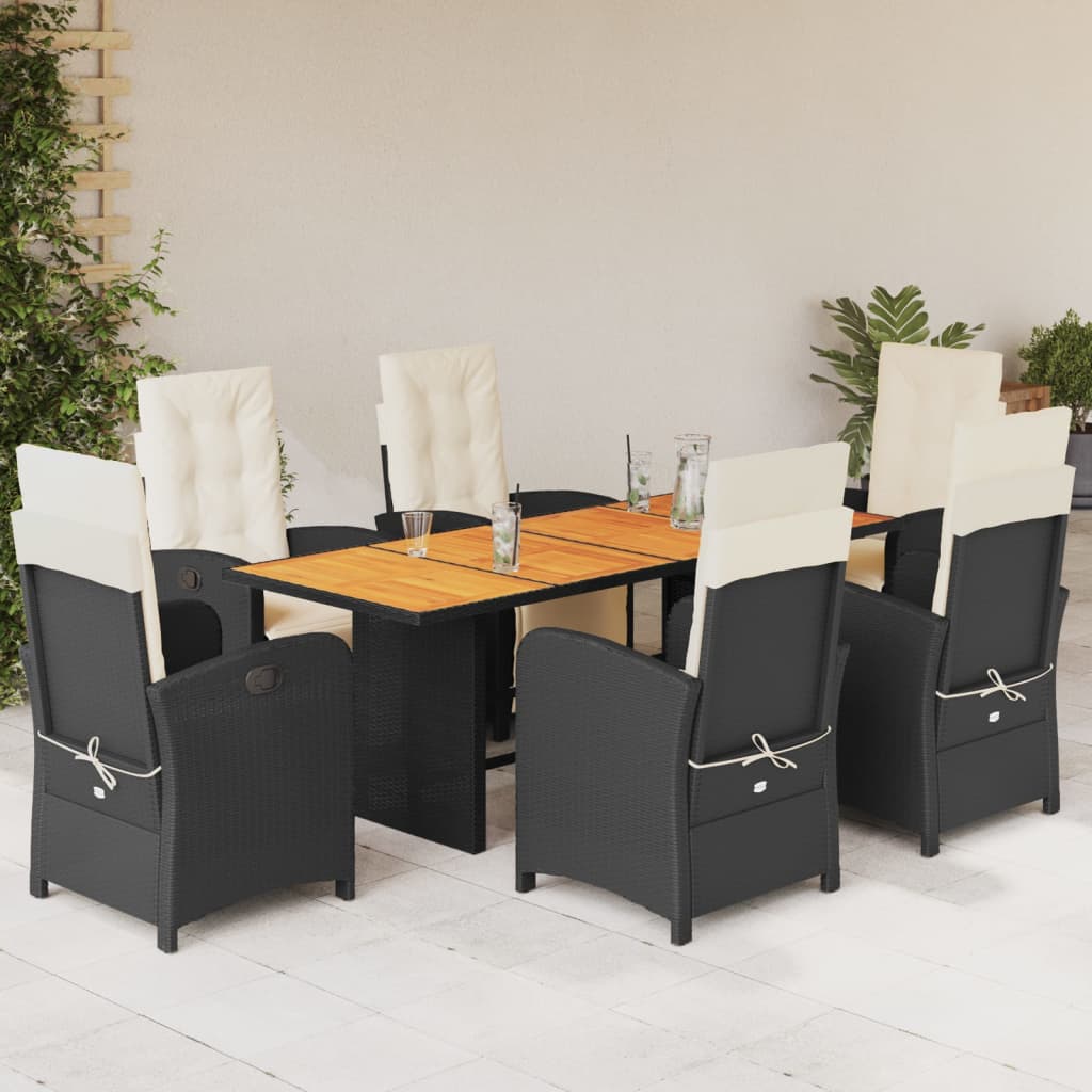 7 pcs conjunto de jantar p/ jardim c/ almofadões vime PE preto