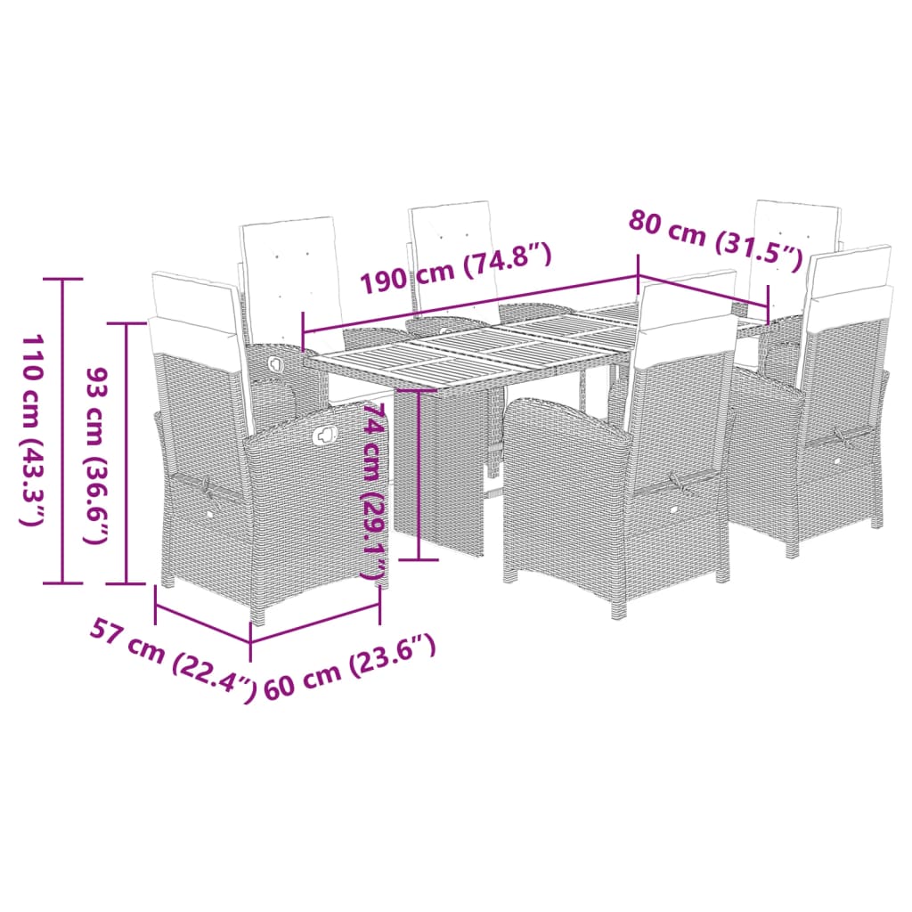 7 pcs conjunto de jantar p/ jardim c/ almofadões vime PE preto