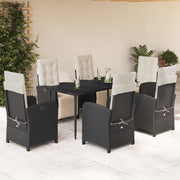 7 pcs conjunto de jantar p/ jardim c/ almofadões vime PE preto