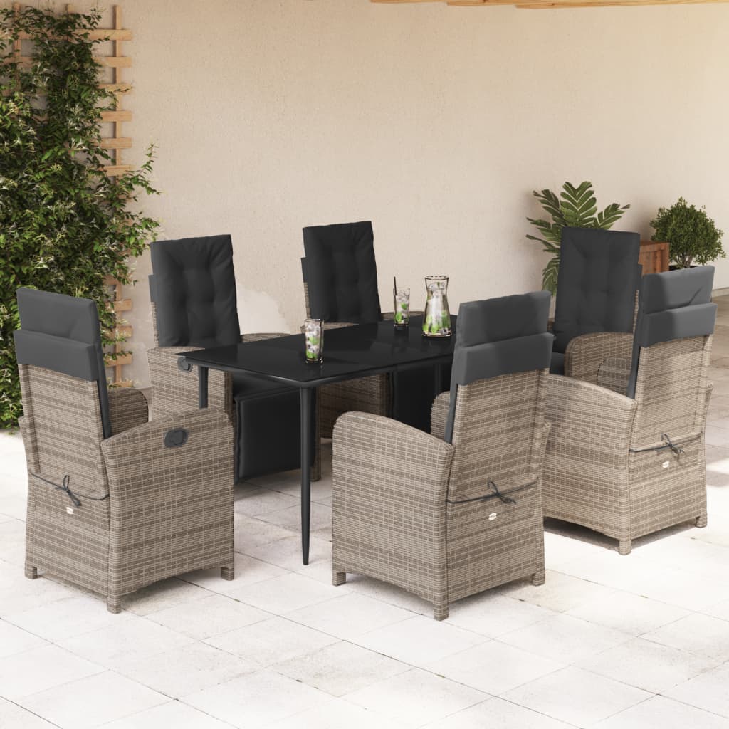 7 pcs conjunto de jantar p/ jardim c/ almofadões vime PE cinza