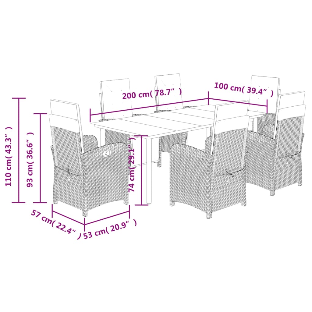 7 pcs conjunto de jantar p/ jardim c/ almofadões vime PE cinza
