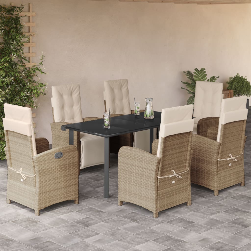 7 pcs conjunto de jantar p/ jardim com almofadões vime PE bege