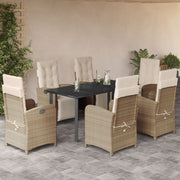7 pcs conjunto de jantar p/ jardim com almofadões vime PE bege