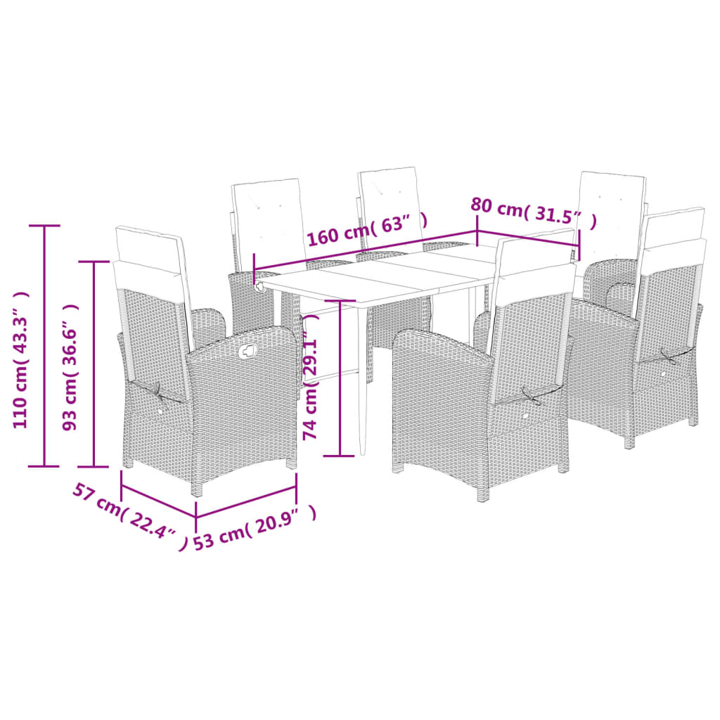 7 pcs conjunto de jantar p/ jardim com almofadões vime PE bege