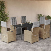 7 pcs conjunto de jantar p/ jardim com almofadões vime PE bege