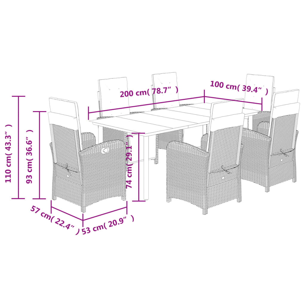 7 pcs conjunto de jantar p/ jardim com almofadões vime PE bege