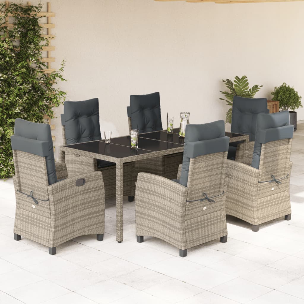 7 pcs conjunto de jantar p/ jardim c/ almofadões vime PE cinza