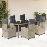 7 pcs conjunto de jantar p/ jardim c/ almofadões vime PE cinza