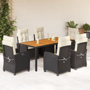 7 pcs conjunto de jantar p/ jardim c/ almofadões vime PE preto
