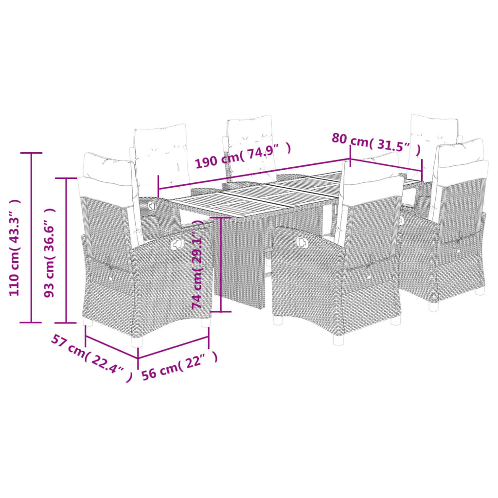7 pcs conjunto de jantar p/ jardim com almofadões vime PE bege
