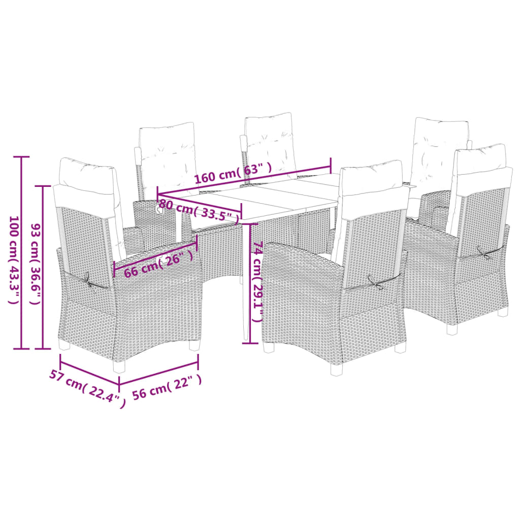 7 pcs conjunto de jantar p/ jardim c/ almofadões vime PE cinza