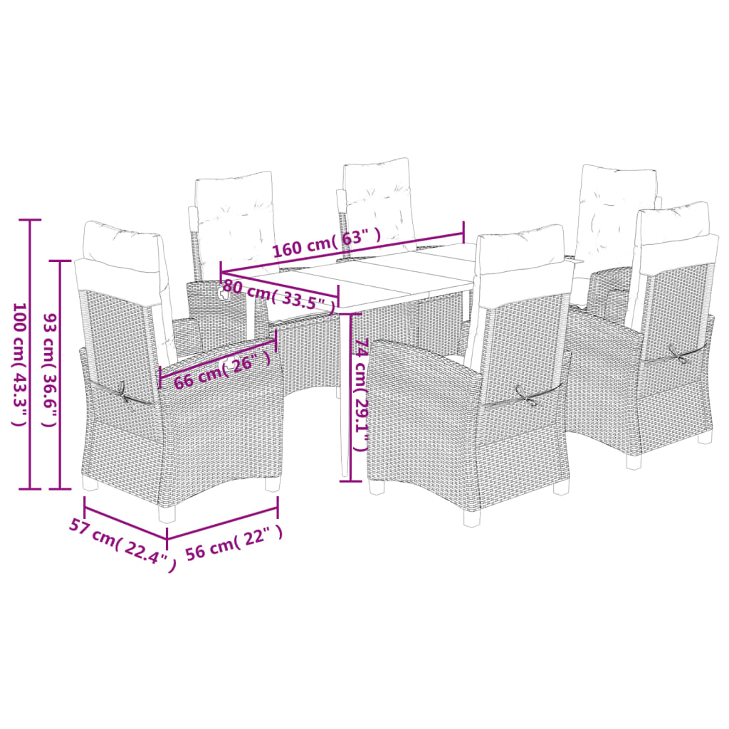7 pcs conjunto de jantar p/ jardim com almofadões vime PE bege