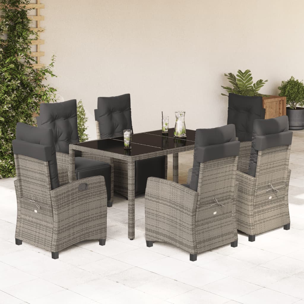 7 pcs conjunto de jantar p/ jardim c/ almofadões vime PE cinza