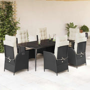 7 pcs conjunto de jantar p/ jardim c/ almofadões vime PE preto