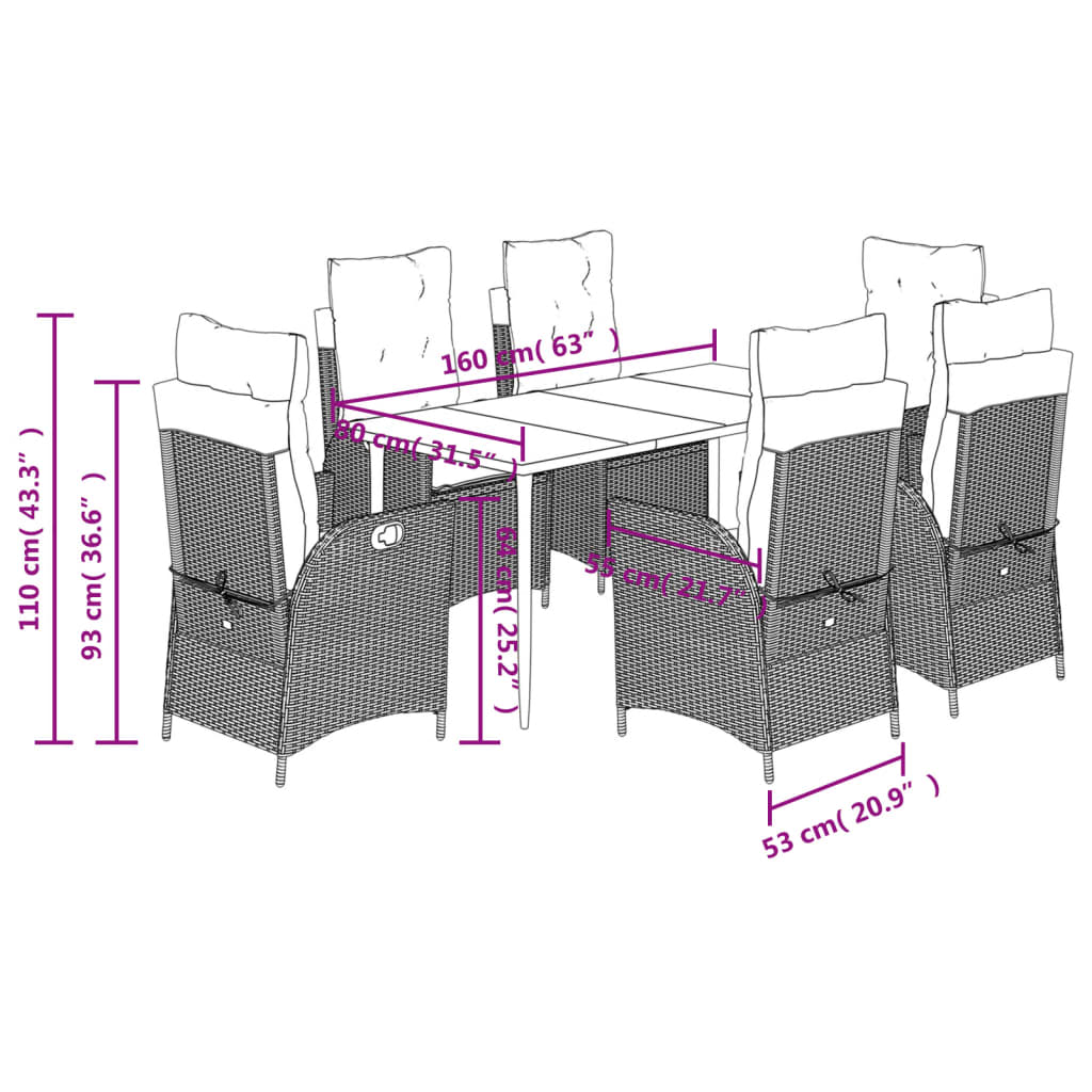 7 pcs conjunto de jantar p/ jardim c/ almofadões vime PE cinza