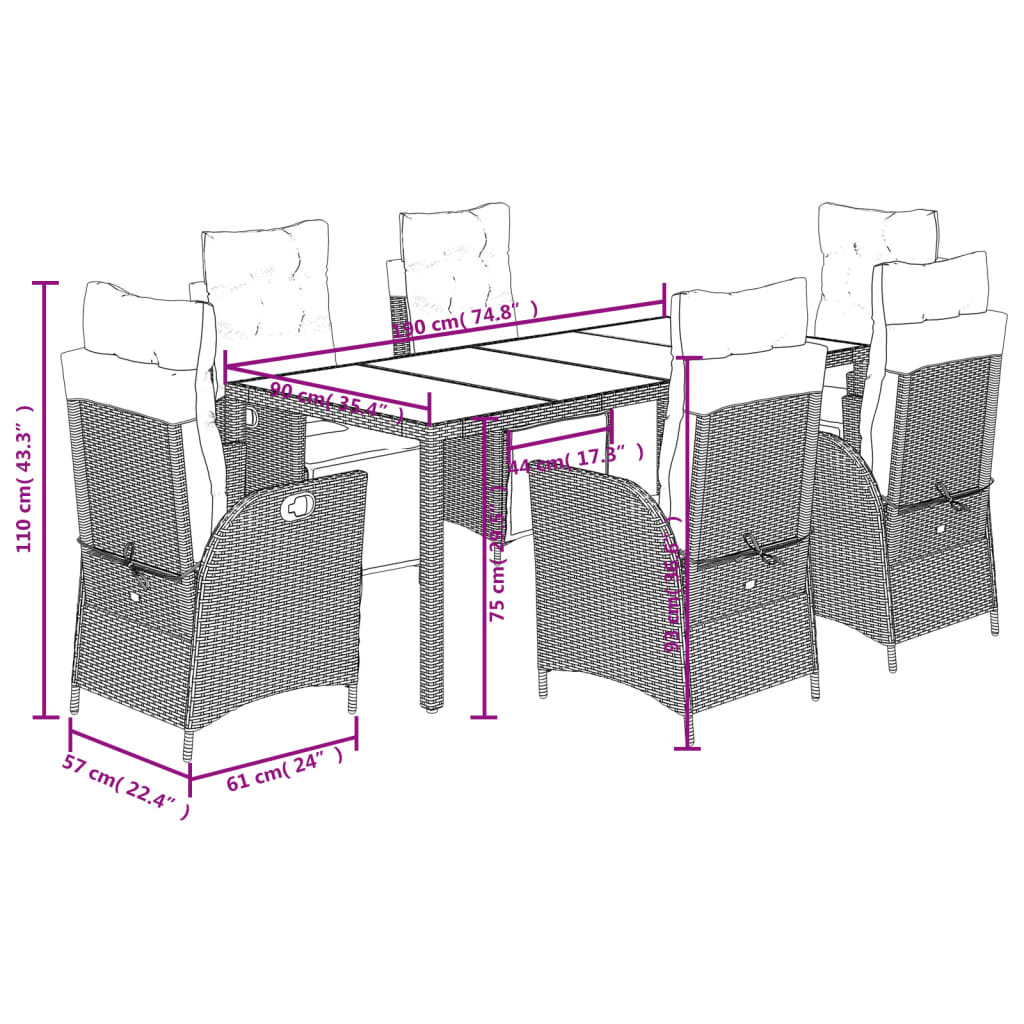 7 pcs conjunto de jantar p/ jardim c/ almofadões vime PE preto