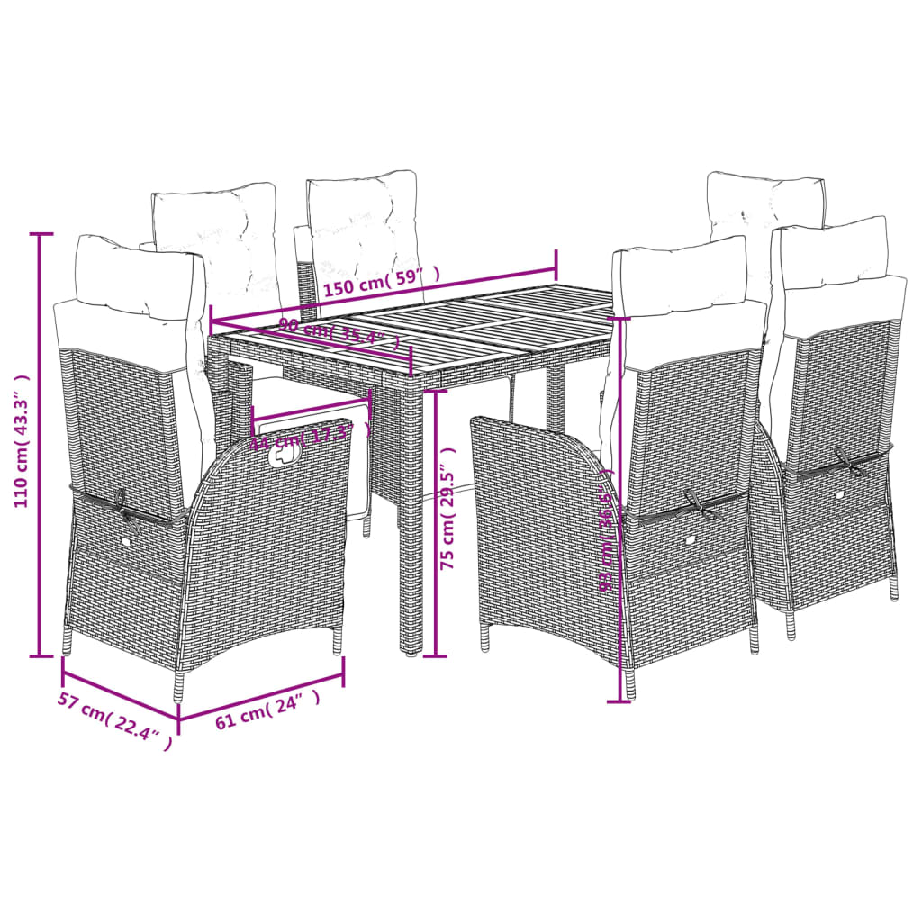 7 pcs conjunto de jantar p/ jardim c/ almofadões vime PE preto