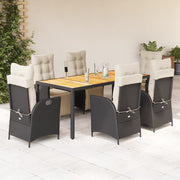 7 pcs conjunto de jantar p/ jardim c/ almofadões vime PE preto