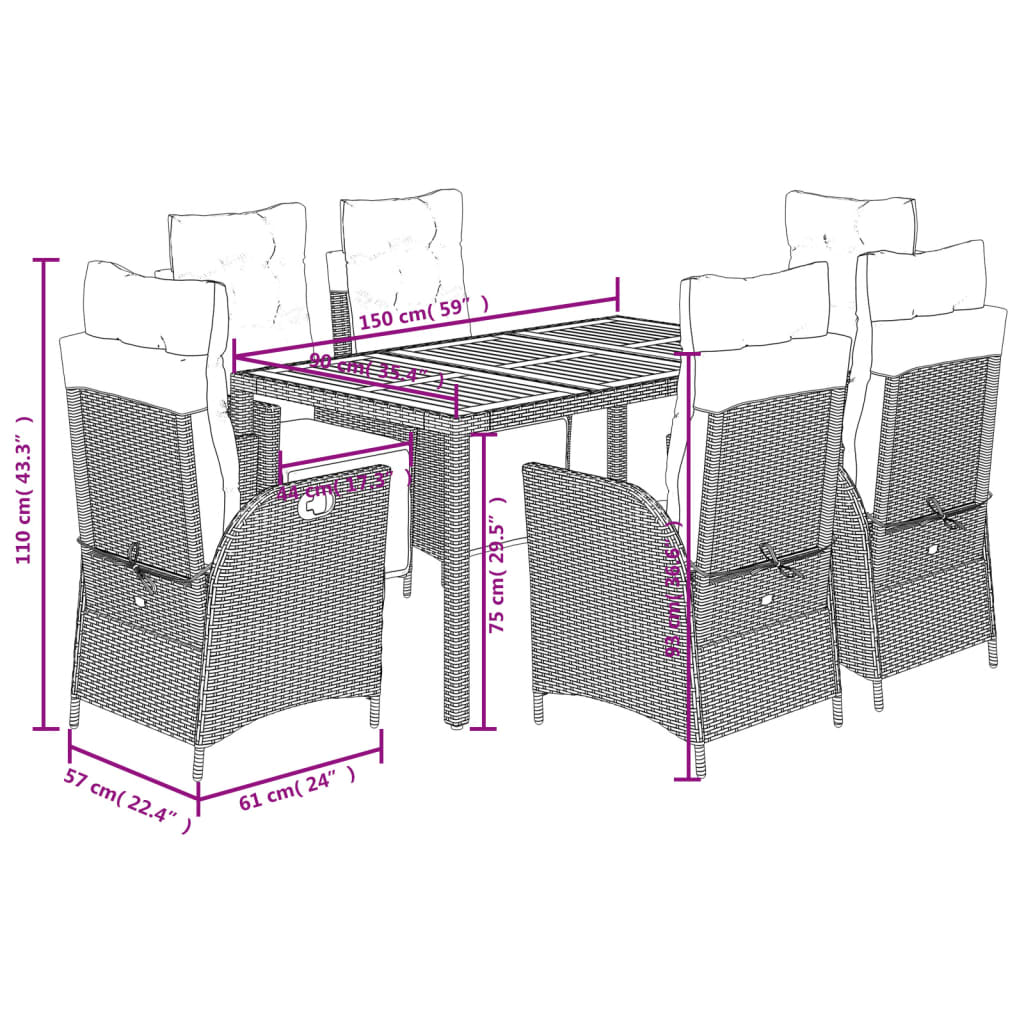 7 pcs conjunto de jantar p/ jardim c/ almofadões vime PE cinza